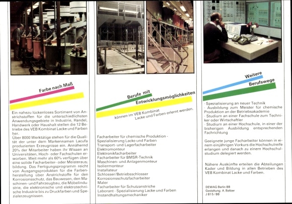 GDR timetable VEB Lacke und Farben, Lacufe, professions, color around 1970