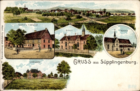 Chromo-Litho Süpplingenburg in Lower Saxony, inn, school, church, Lindenplatz, total view