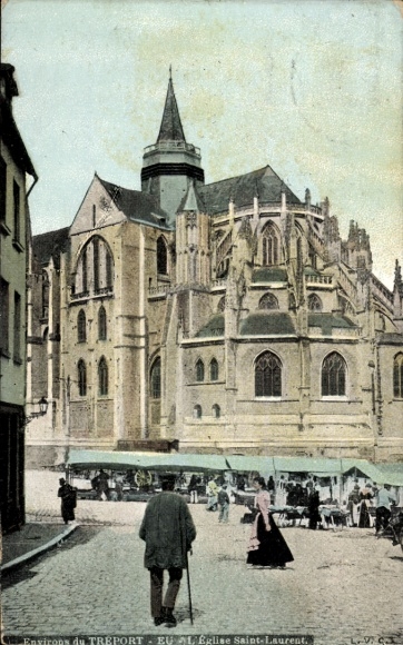 Ak Le Tréport Seine Maritime, Kirche Saint-Laurent, Stadtszene, historische Architektur, Menschen