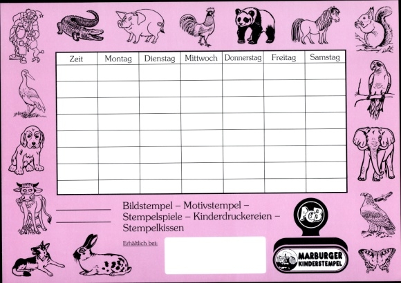 Timetable, Marburg children&#39;s stamp, animals - crocodile, elephant, birds around 1970