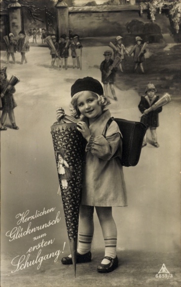 Postcard Congratulations First Day of School, Girl with School Cone, School Bag