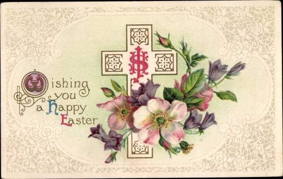 Präge Litho Glückwunsch Ostern, Kreuz, Heckenrosen