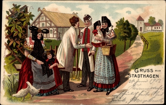 Chromo-Litho Stadthagen, Im Schaumburg Lipper Lande, family in traditional costumes from Schaumburg, farm