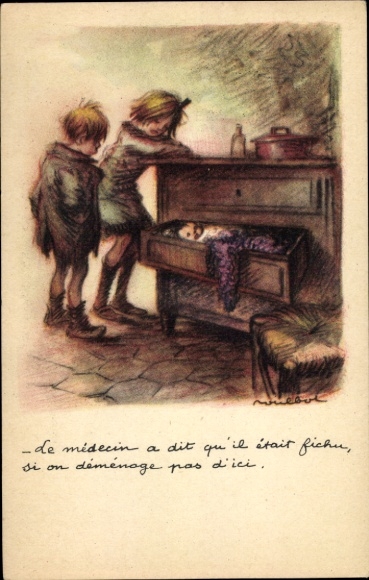 Artist Postcard Poulbot, Franciscque, Children, Baby sleeping in a drawer