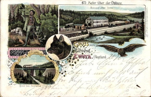 litho Zwota Klingenthal in Vogtland Saksen, treinstation, spoorweergave, viaduct
