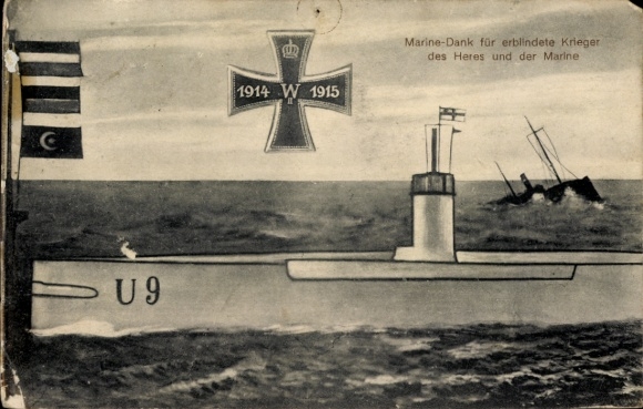 Postcard German warship, submarine U-9, naval thanks, Imperial Navy, Iron Cross