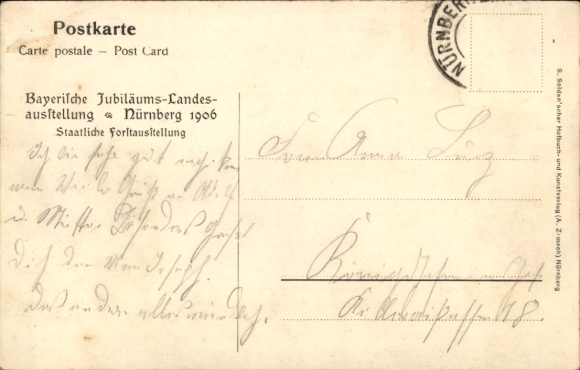 Postcard Nuremberg in Middle Franconia Bavaria, visitors at the building of the state forestry exhibition
