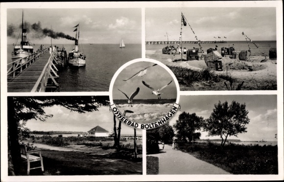 Postcard Boltenhagen, beach party, pier, steamer seagull and island of Poel