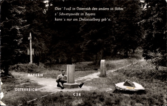 Postcard border between Germany, Austria and CSR, border stone