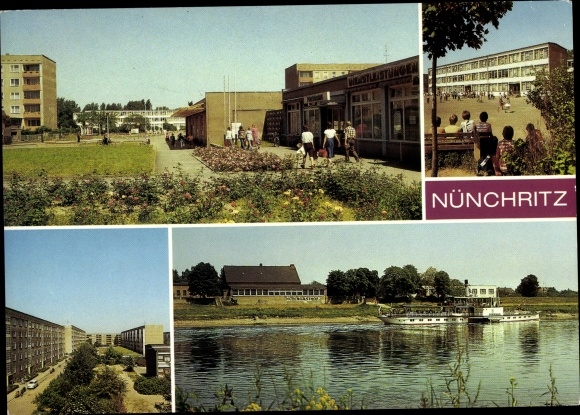 Postcard Nünchritz in Saxony, Polytechnic High School, Karl-Liebknecht-Ring, HO-Gaststätte Elbgasthof