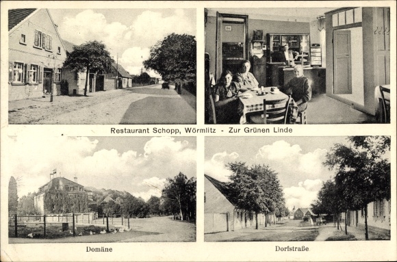 Ak Wörmlitz Möckern in Jerichower Land, Restaurant Schopp, de groene lindeboom, domein, dorpsstraat