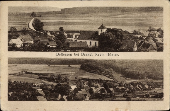 Ak Bellersen Brakel Kreis Höxter, Totalansicht des Ortes, Kirche, Felder