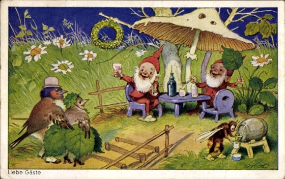 Artist Postcard Baumgraten, Fritz, Dear guests, pair of birds, dwarves toast, bee