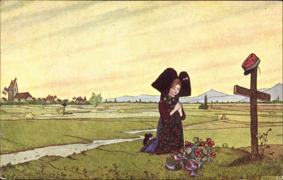 Artist Postcard Hansi, Jean Jacques Waltz, The Prayer of Alsace, Girl at the Grave of a Soldier