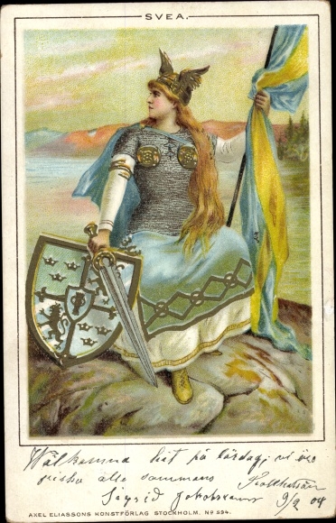 Chromo-Litho Svea, Swedish warrior, flag, shield, sword