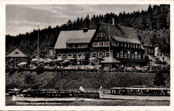 Ak Kriebstein Saksen, Zschopau-stuwdam, verschillende gebouwen, een groot schip, veel mensen,...
