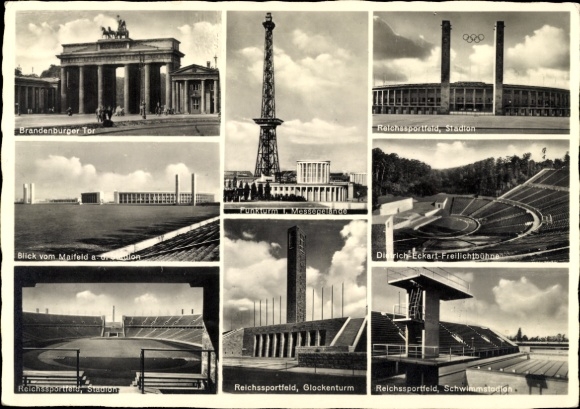 Ak Berlin, Reichssportfeld, Dietrich Eckhart Freilichtbühne, Stadion, Funkturm, Brandenburger Tor