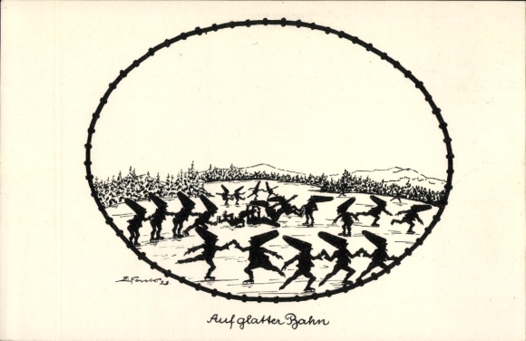 Paper cutting artist Postcard Forck, E., On a slippery track, dwarves are skating