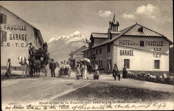 Postcard Gex Ain, Hotel and Col de la Faucille and Mont Blanc, Kutsche