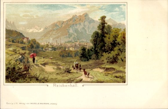 Ak Bad Reichenhall in Oberbayern, Berglandschaft, Stadt  Menschen mit Schirm, Wanderer, Hunde