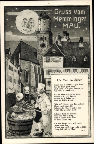 Postcard Memmingen in Swabia, Memminger Mau, D&#39;r Mau in the tub, poem
