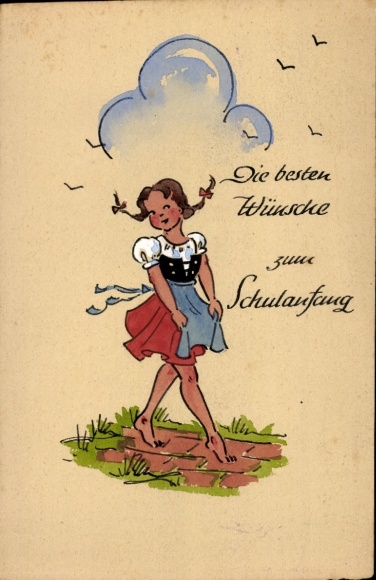 Postcard congratulations school enrollment, girl in traditional costume