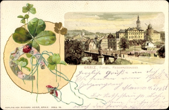 Embossed Chromo-Litho Greiz im Vogtland, Residenzschloss, shamrocks, horseshoes, ladybugs