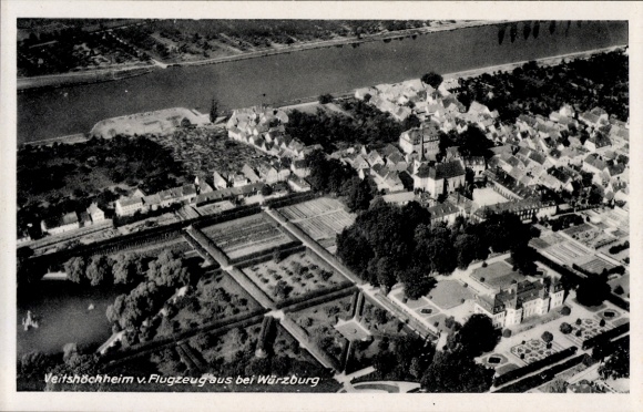 KP Veitshöchheim w Dolnej Frankonii, widok lotniczy Veltshöchheim, Würzburg, rzeka, ogrody
