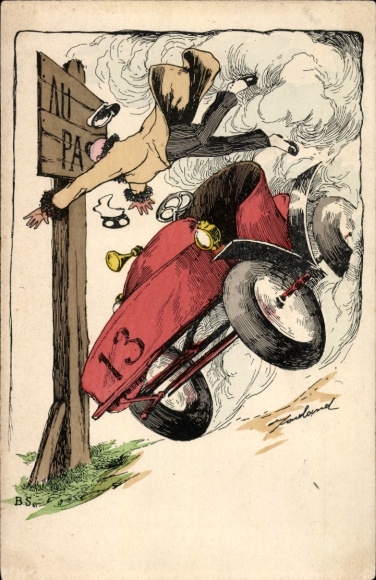 Artist Postcard Automobild with the number 13 crashes into a sign, accident, driver