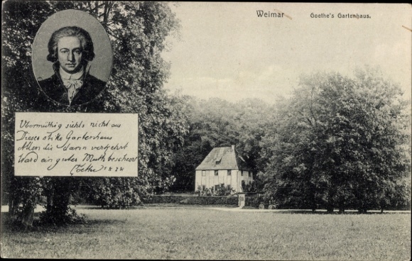 Ak Weimar in Thüringen, Porträt von Goethe, Gartenhaus, Bäume, Text über Goethe