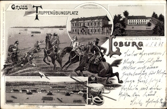 Chromo-Litho Loburg Möckern in Saxony Anhalt, military training area, command building, hussar, uhlan