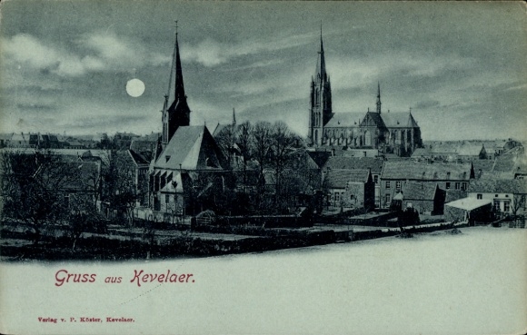 Postcard Kevelaer on the Lower Rhine, historical city view, church, houses, moon in the background