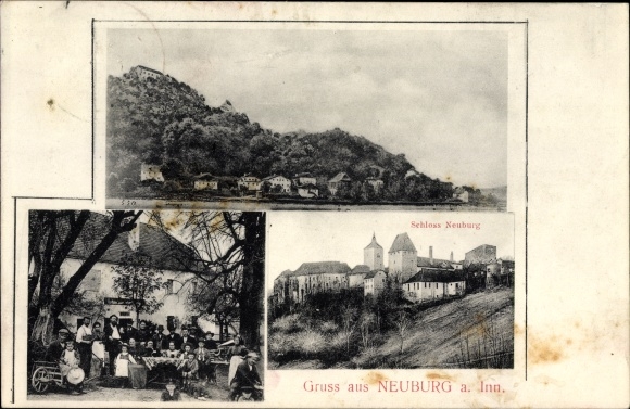 Ak Neuburg am Inn im Landkreis Passau, Schloss, Landschaftsblick, Gruppenbild in einer Gaststätte 