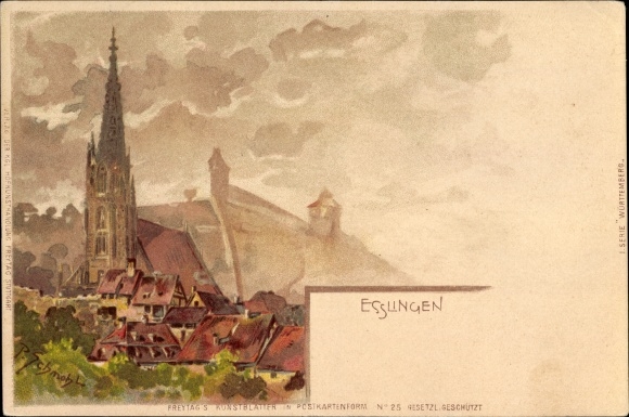 Artist Chromo-Litho Schmohl, P., Esslingen am Neckar Baden Württemberg, view of the church