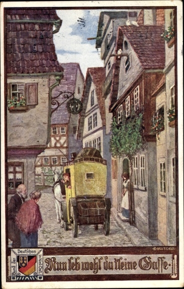 Kunstenaarskaart Kutzer, Ernst, afscheid steegje, postkoets