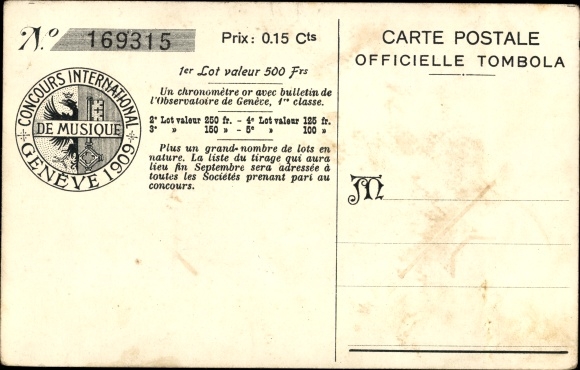 Chromo-Litho Genève Geneva Switzerland, Concours International de Musique 1909, Tombola