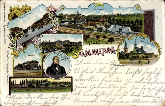 Postcard Sömmerda in Thuringia, general view, train station, market