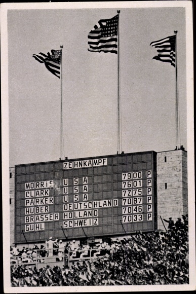 Collection picture Olympics 1936, scoreboard, decathlon, Morris, Clark, Parker, USA