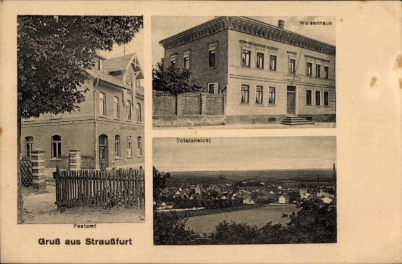 Postcard Straußfurt in Thuringia, post office, orphanage, total view