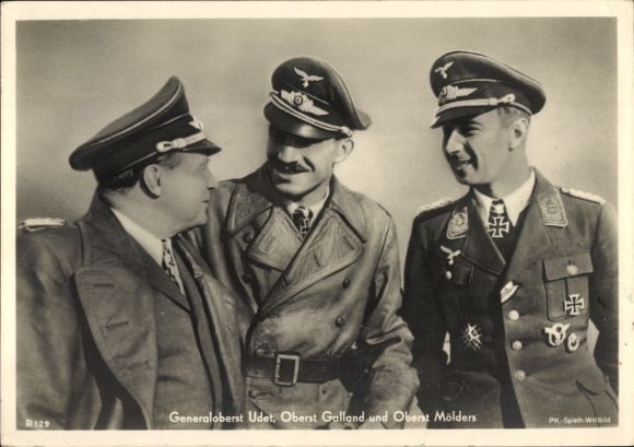 Postcard Knight's Cross Recipients Colonel General Ernst Udet, Colonel Adolf Galland, Colonel Werner Mölders