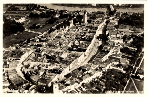 Postcard Mühldorf am Inn Upper Bavaria, aerial view of the city