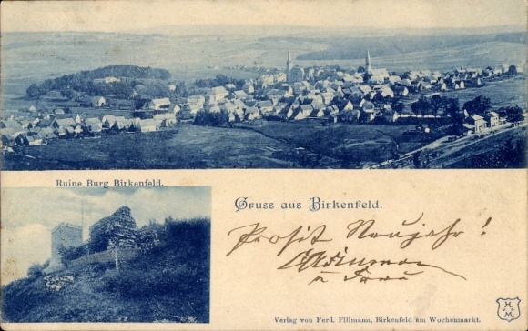 Birkenfeld an der Nahe, panorama with train station, ruins of Birkenfeld Castle