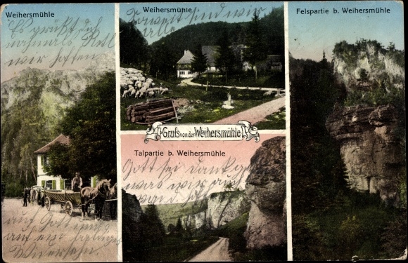 Postcard Weihersmühle Weismain Upper Franconia, Gasthof Pension Forelle, rocky area