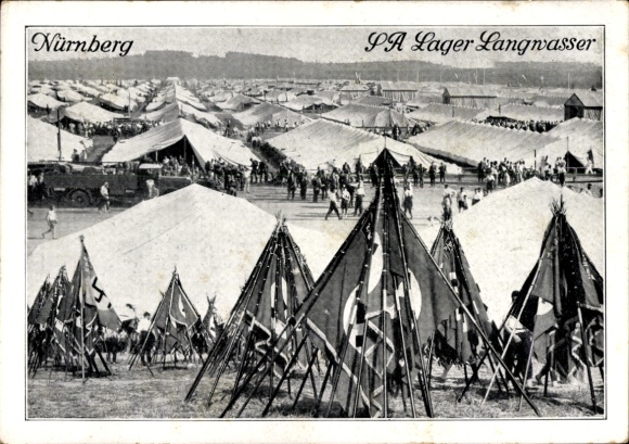 Postcard Nuremberg, Nazi Party Rally, SA Camp Langwasser, Flag Pyramids
