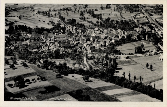 Postcard Waibstadt in Baden, aerial view of landscape, houses, airplane view