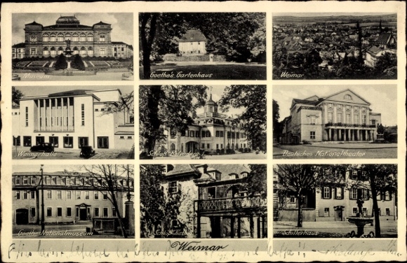 Ak Weimar in Thüringen, Goethe's Gartenhaus, Schloss Belvedere, Schillerhaus, Museum, Weimarhalle