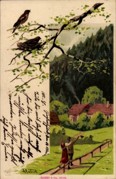 Künstler Litho Mailick, Glückwunsch Pfingsten, Frühlingsidylle, Vogelnest, Spaziergang