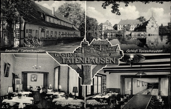 Ak Halle in Westfalen, Gasthof Tatenhausen, eigenaar Franz Marx, kasteel, bowlingbaan, interieur