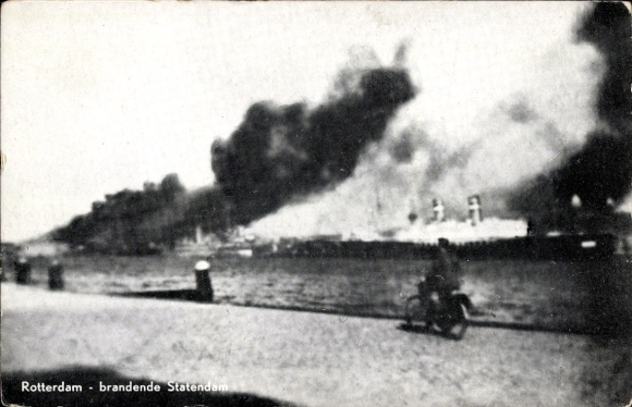 Postcard Rotterdam, blazing Statendam, ships