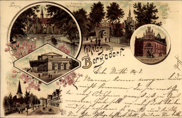 Chromo-Litho Hamburg Bergedorf, Castle, Train Station, Imperial Post Office